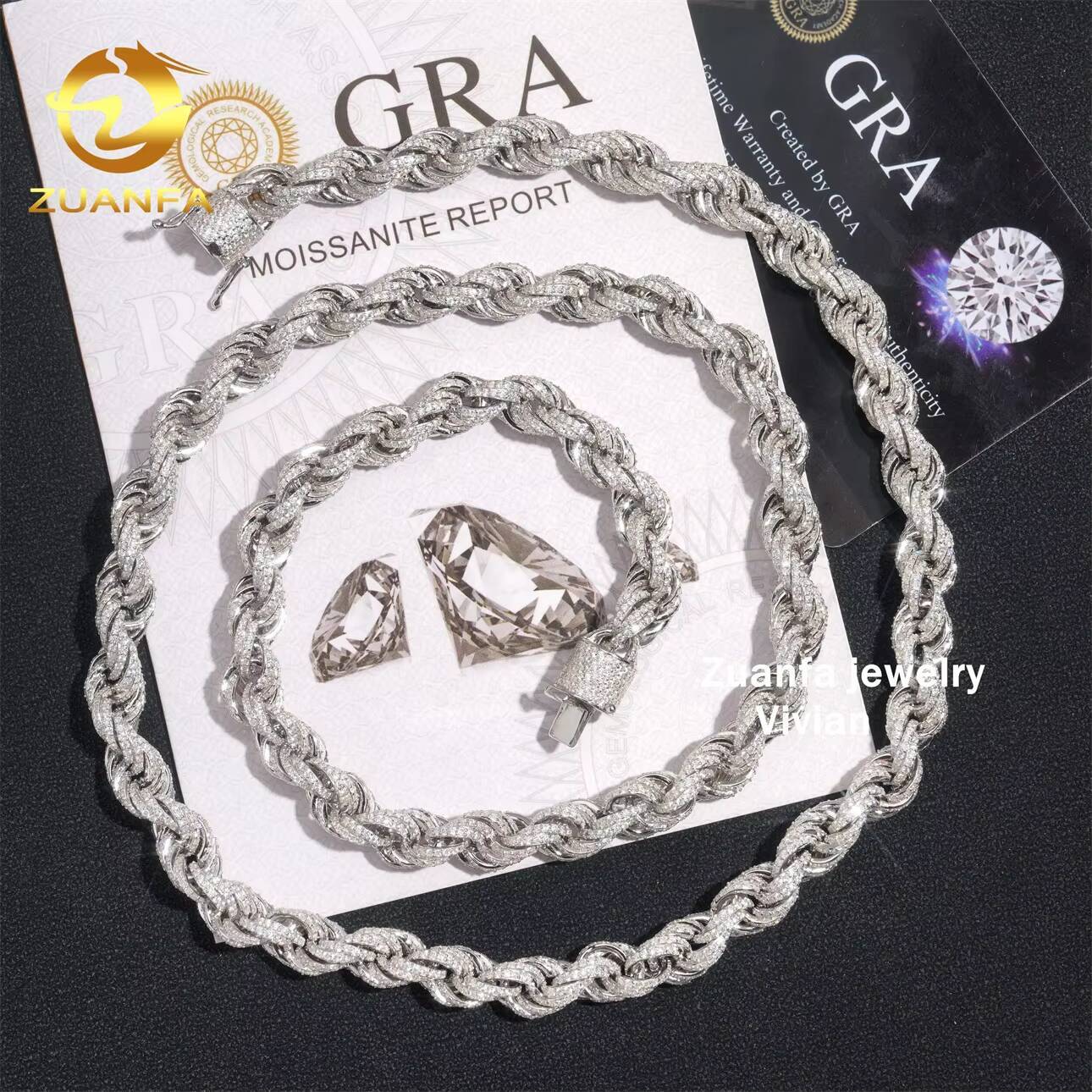 Hip Hop 10mm 925 Sterling Silver Necklace With Moissanite Clasp Iced Out Rope Chains for Menwomen