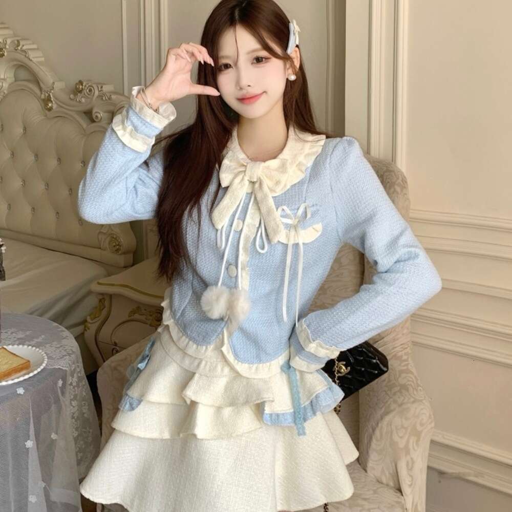 DHEssentials 2025 New Sweet Little Chanel Style Milk Blue Bow Top Puffy Cake Short Skirt Women Autumn Winter Slimming Two-Piece Set