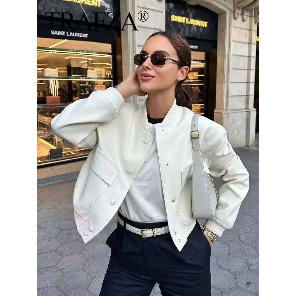 TRAFZA Women Elegant White Coat Long Sleeve Button Bomber Jacket Fashion Woman Casual Solid Office Lady Y2k Outerwear