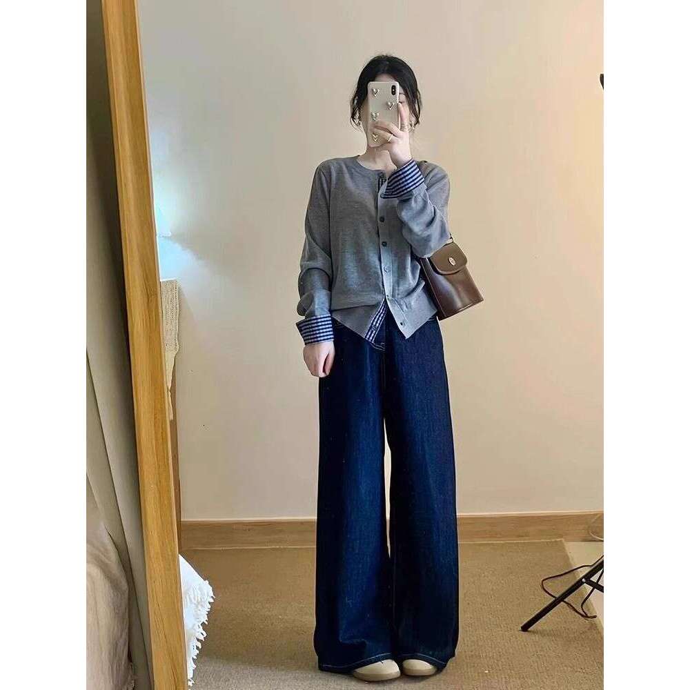 DHEssentials Gray Little Chanel Style Fake Two-Piece Base Shirt Cardigan Sweater Coat for Women Autumn Winter Lazy High-End Knitted Top