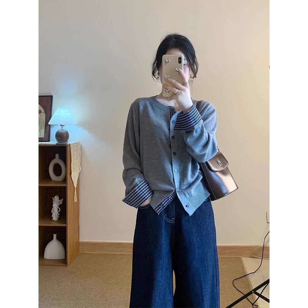 DHEssentials Gray Little Chanel Style Fake Two-Piece Base Shirt Cardigan Sweater Coat for Women Autumn Winter Lazy High-End Knitted Top