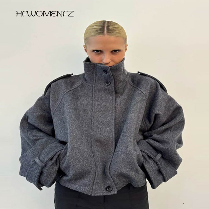 Casual Solid Loose Jackets Women Fashion Full Sleeve Single Breasted Stand Collar Short Coats Female Autumn Lady Outwears 250911