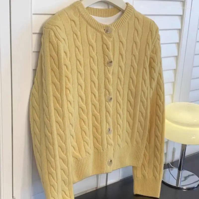 Women's Sweaters Loose Knitted Yellow Twist Open Cardigan Short Style Early Spring 2025 Sweater Top Crew Neck Pattern