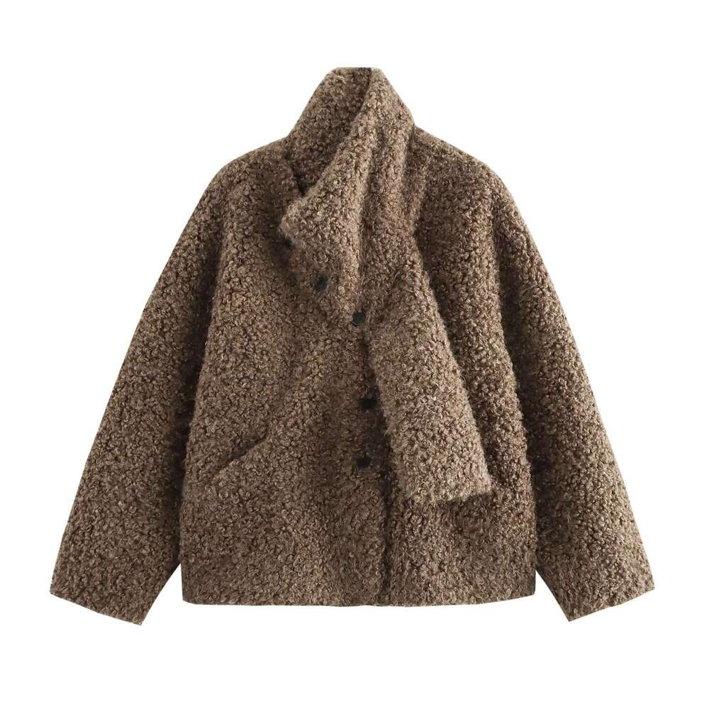 DHEssentials French Style Small Fragrance Wind Curled V-Neck Detachable Scarf Button Fur Coat