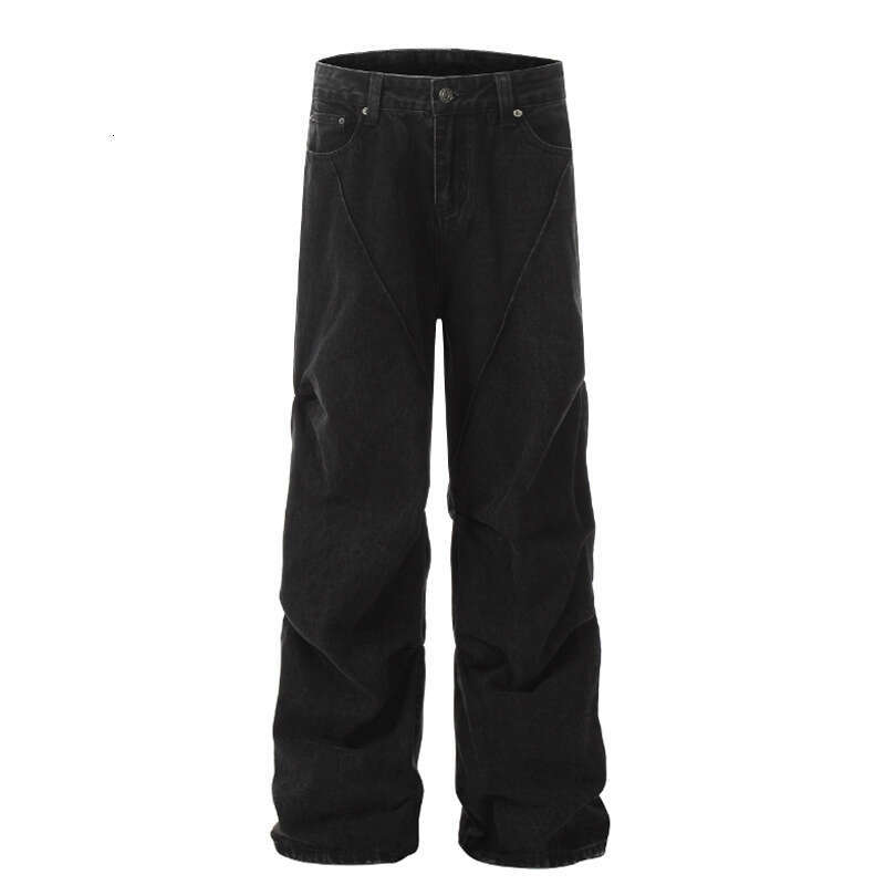 Black High-Waisted American Style Loose Fit Plus Size Wide-Leg With Draped Effect Casual Pants Trendy Brand For Men B5