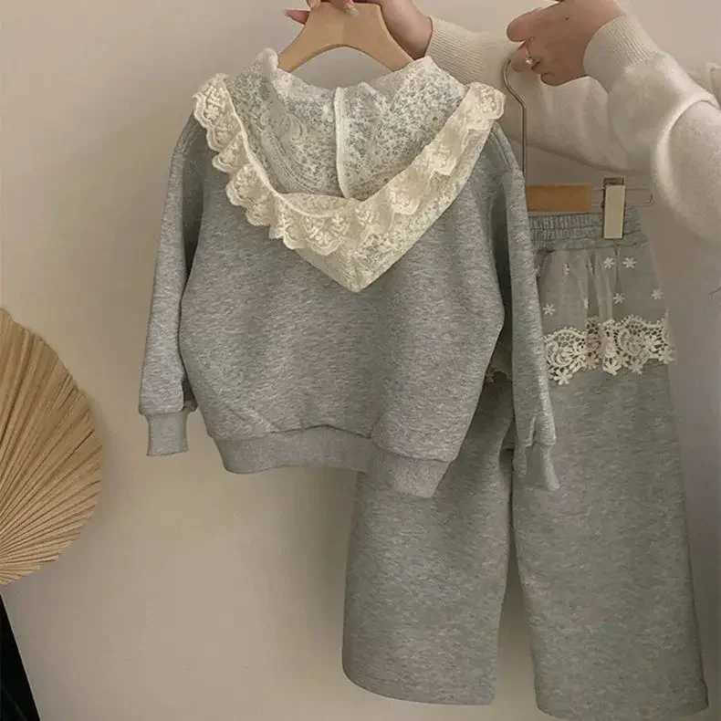 2025 Korean Girls Spring Set Lace Hooded Cardigan Apron Dress Chic 2Piece Casual Outfit Baby Girl Clothes C250912