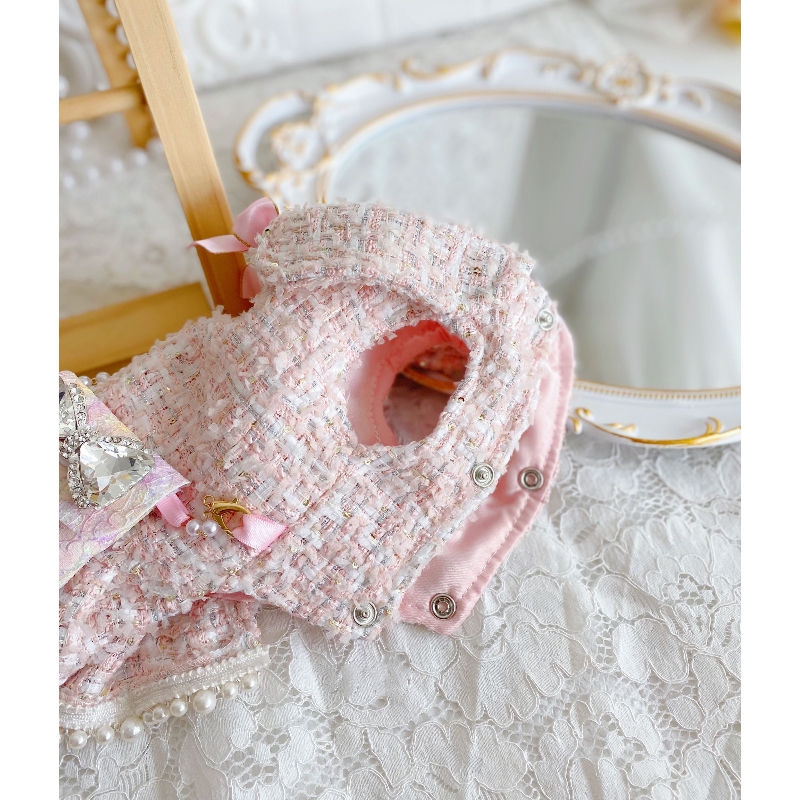 Designer Dog Clothes Tweed Pet Princess Dress, Luxury Style with Mini Bag & Button Closure, Fashionable Gift for Small Dogs Maltese, Bichon, Yorkshire
