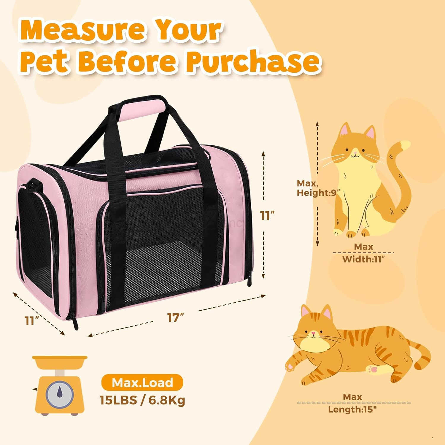 Approved Pet Carrier 17x11x11 Soft Sided Cat Dog Travel Bag for Small Pets up to 15 lbs Portable Collapsible Pet Carrier Under Seat with Mesh Ventilat