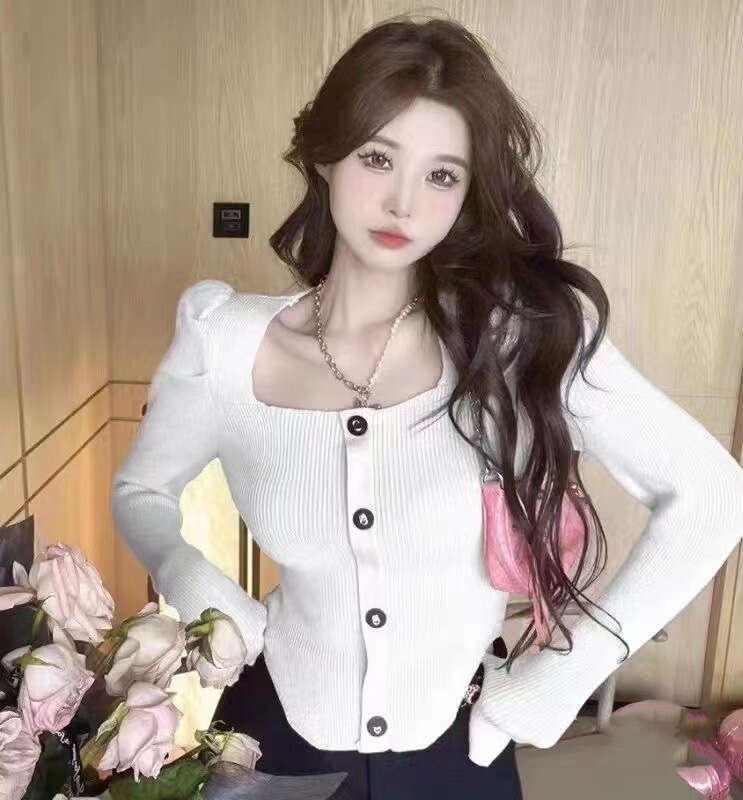 DHEssentials Autumn Winter New Slim Fit Short Top Small Fragrance Style Elegant Square Collar Buttoned Curved Puff Sleeve Knitted Sweater for Women