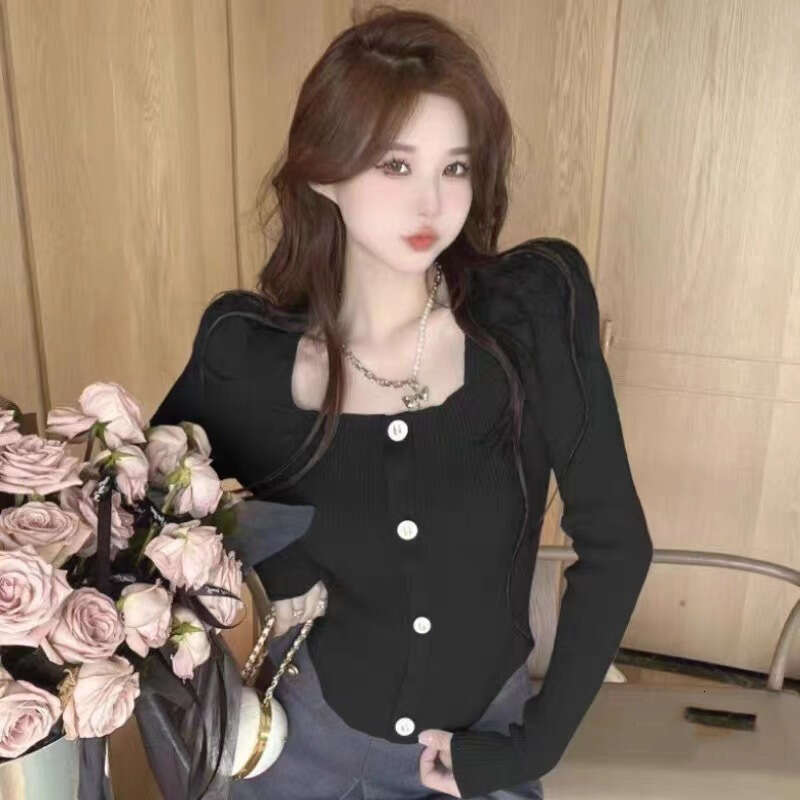 DHEssentials Autumn Winter New Slim Fit Short Top Small Fragrance Style Elegant Square Collar Buttoned Curved Puff Sleeve Knitted Sweater for Women