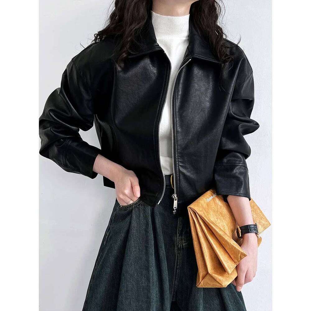 2025 Spring Pu Leather Turn Down Collar Coat Fashion ZIP Classic Jacket Femme Streetwear Women Tops Clothes