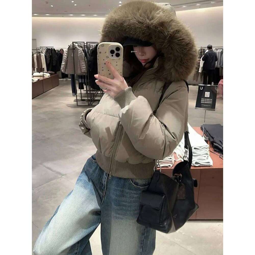 2025 New Big Fur Collar Hooded For Men Women American Trendy Haruku Loose Warm Waisted Short Coat Winter Retro Jacket