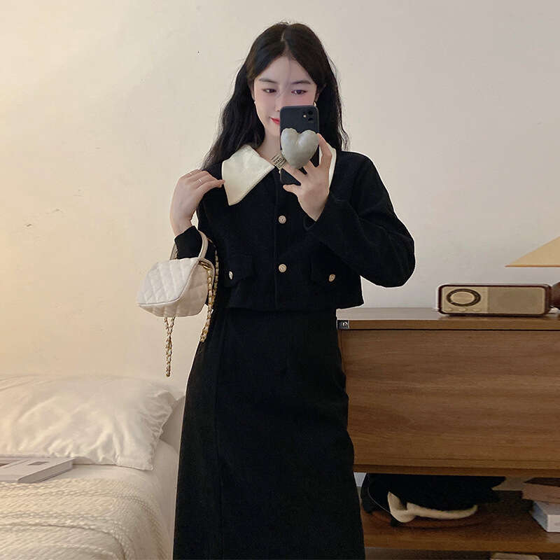 DHEssentials 2024 Autumn Winter New Corduroy Fleece-Lined Plus Size Chanel-Style Elegant Lapel Coat High-Waisted Skirt for Women