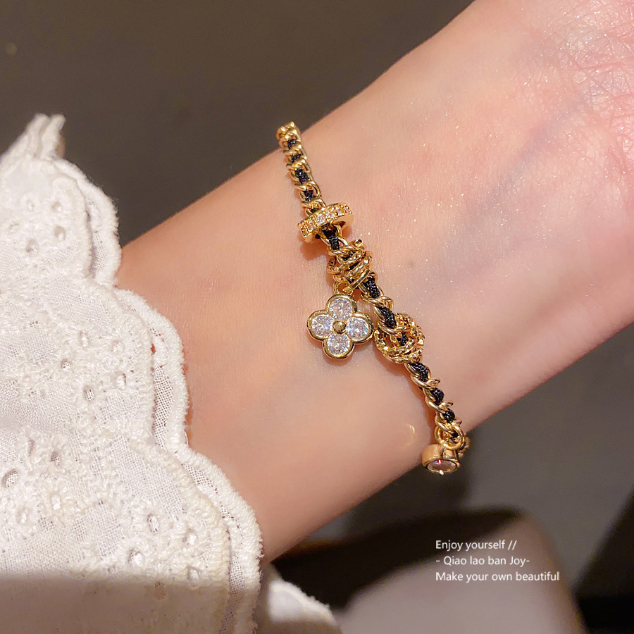 Gold - Toned Bracelet With Braided Chain And Rhinestone Clover & Circle Charms Delicate Daily Chic Jewelry Gift For Her Unique And Fashionable Accesso