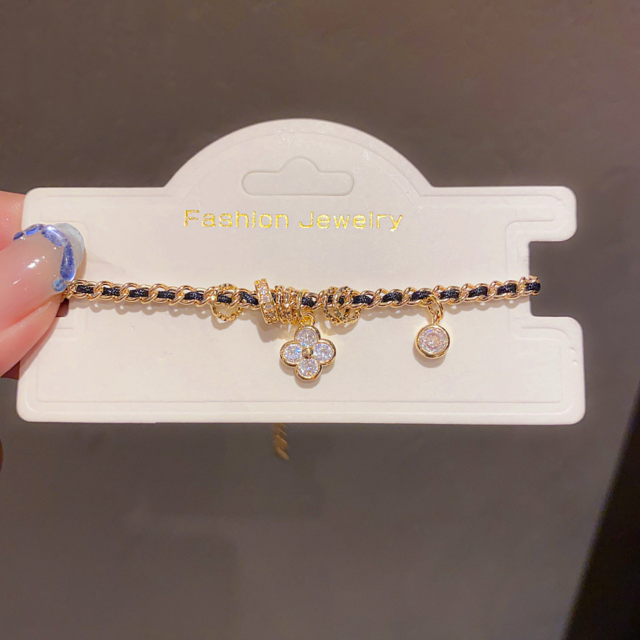 Gold - Toned Bracelet With Braided Chain And Rhinestone Clover & Circle Charms Delicate Daily Chic Jewelry Gift For Her Unique And Fashionable Accesso