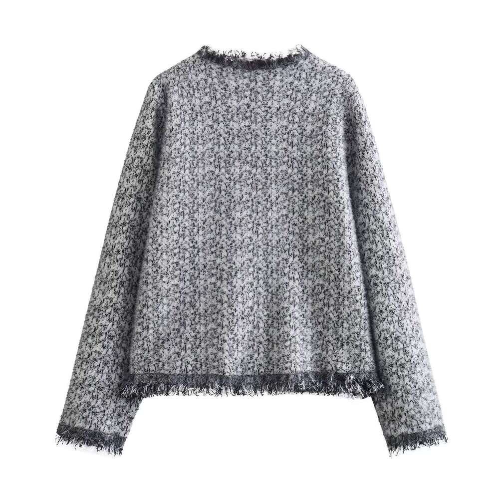 DHEssentials French Style High-End Diagonal Collar Anti-Mink Wool Gray Round Neck Knitted Cardigan