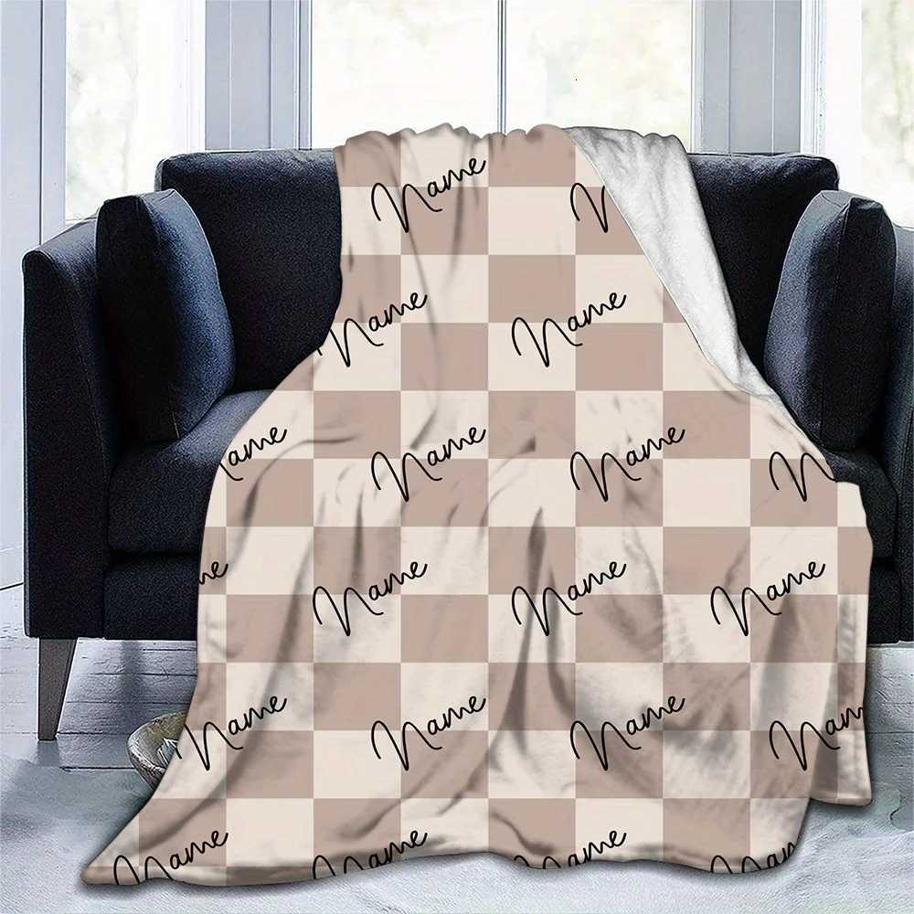Personalized custom name light brown checkered velvet blanket soft and warm suitable for sofa bed office travelXJ250912
