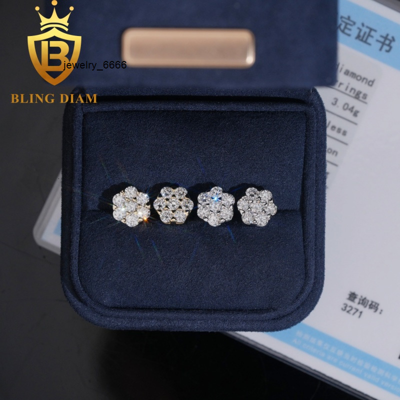 Trendy Pass Diamond Tester Hip Hop 925 Sterling Silver Gold Plated Flower VVS Moissanite Lab Diamond Stud Earrings