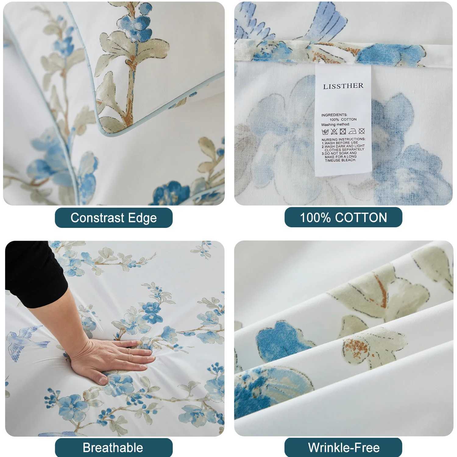 3pcs 600TC 100 Egyptian Cotton Duvet Cover Set Blue Watercolor Floral Soft Breathable SkinFriendly No Inserts C250912