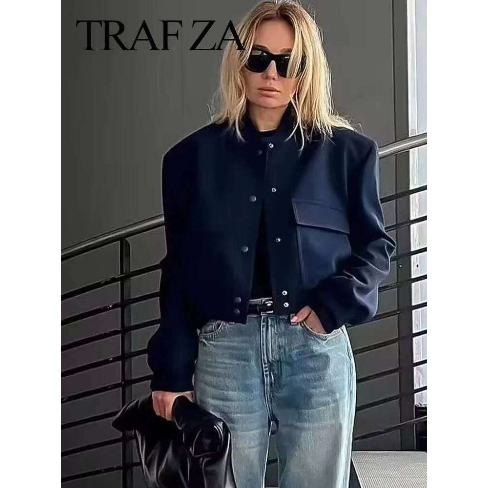 TRAFZA Women Elegant White Coat Long Sleeve Button Bomber Jacket Fashion Woman Casual Solid Office Lady Y2k Outerwear