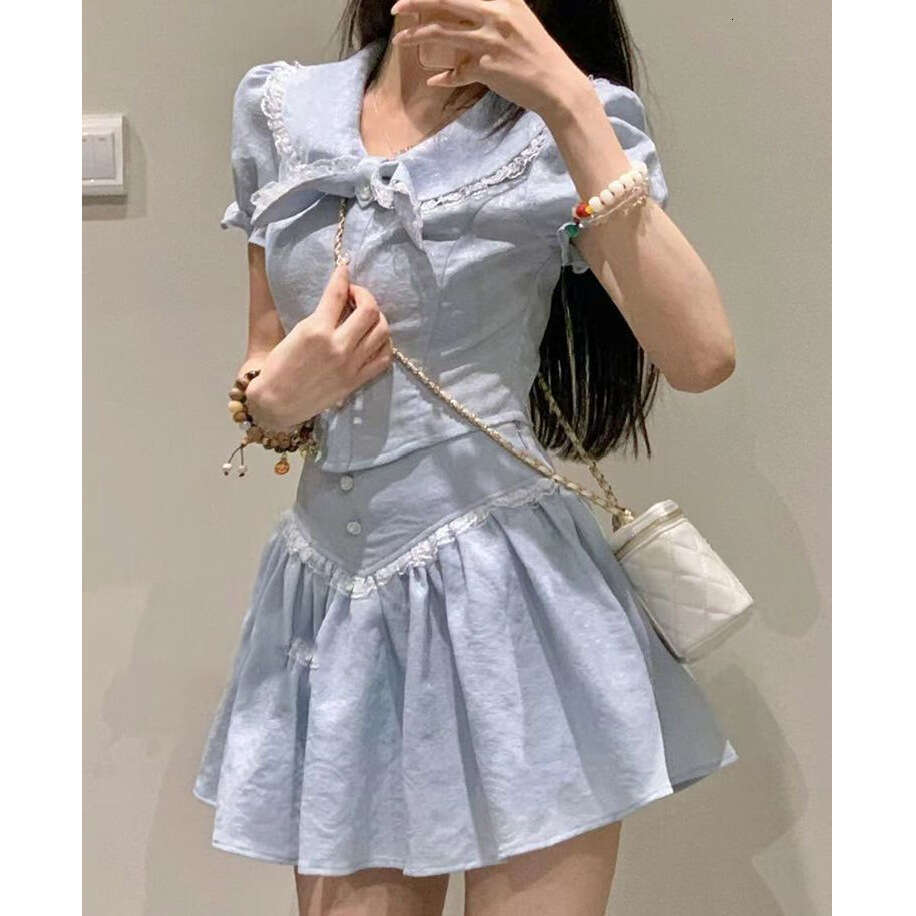 DHEssentials Chanel Style Two-Piece French Tea Break Lace Trim Double Layer Collar Shirt + Ruffled A-Line Short Skirt Set for Women