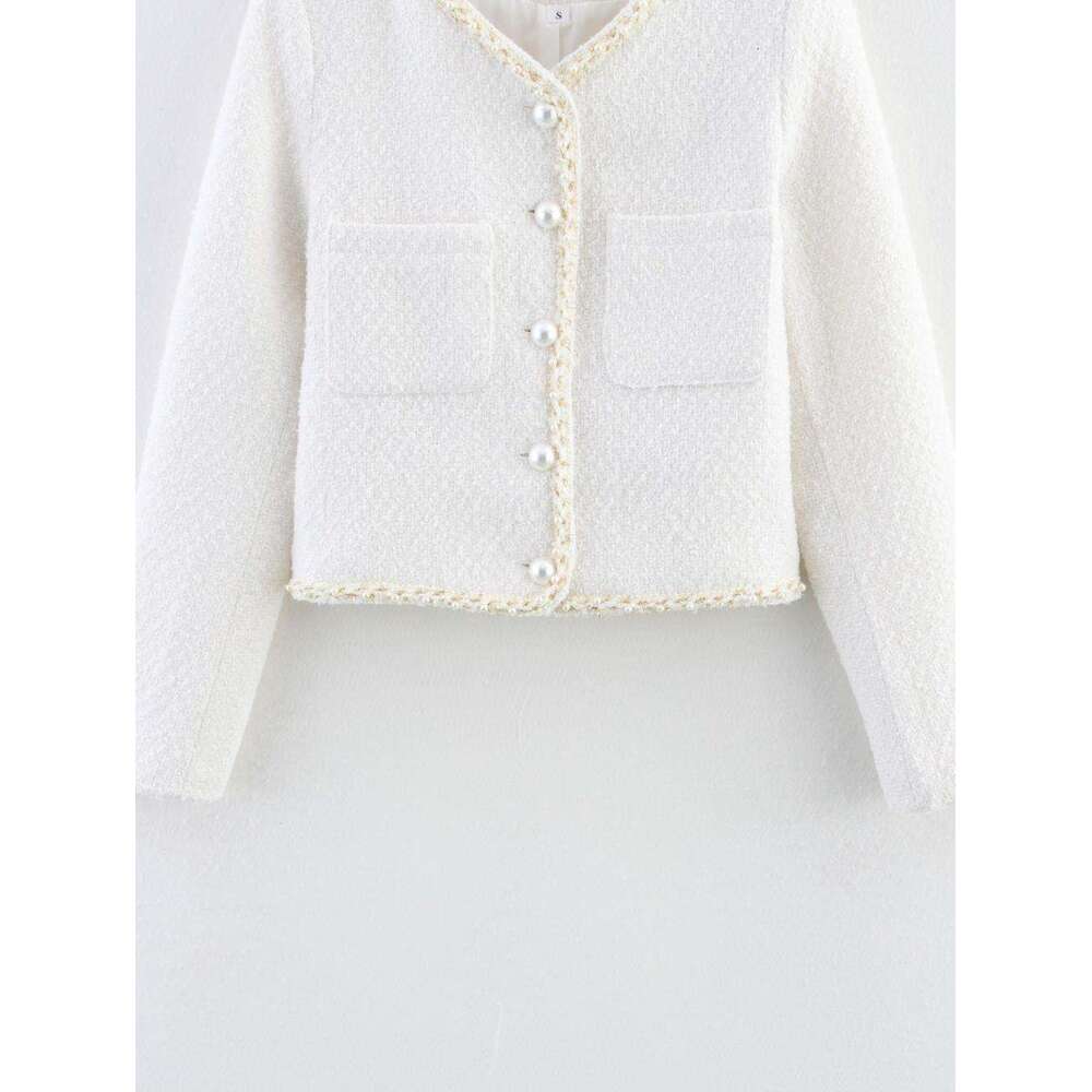 DHEssentials Summer New Women's Fashion Versatile Round Neck Long Sleeve Pocket Pearl Decorated Little Chanel Style Short Jacket