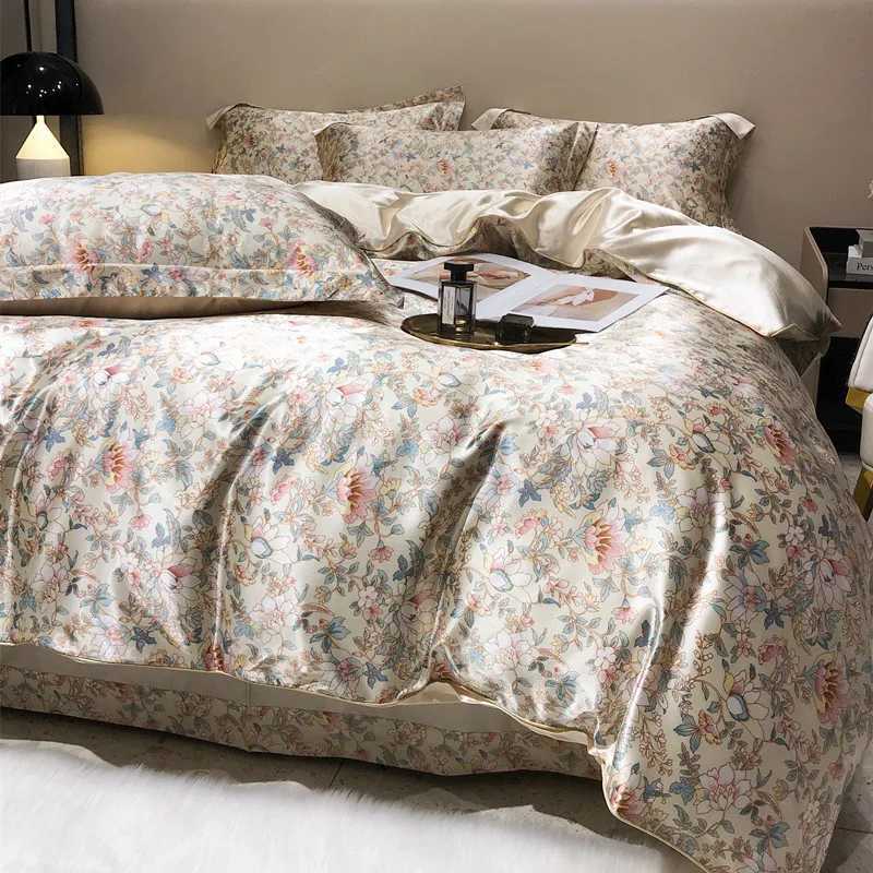 Floral Mulberry Silk Bedding Set with Duvet Cover Bed Sheet Luxury Highend Quilt Cover FittedFlat Bedsheet Double Queen Size C250912