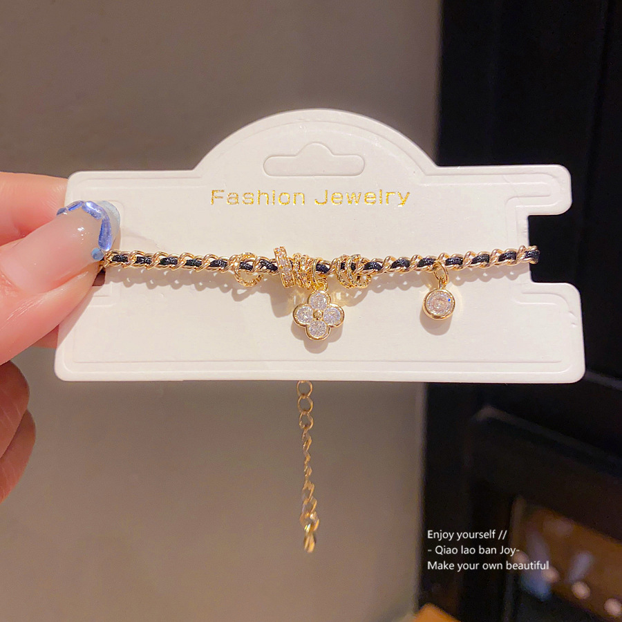 Gold - Toned Bracelet With Braided Chain And Rhinestone Clover & Circle Charms Delicate Daily Chic Jewelry Gift For Her Unique And Fashionable Accesso