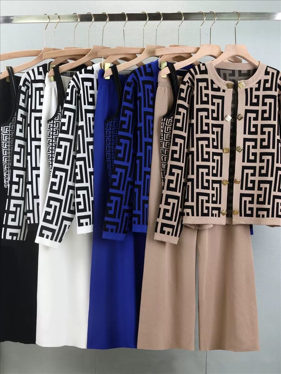 Spot goods Women's 3-Piece Knitted Tracksuit Set - Spring Fashion Outfit with Tank Top, Cardigan & Wide Leg Pants