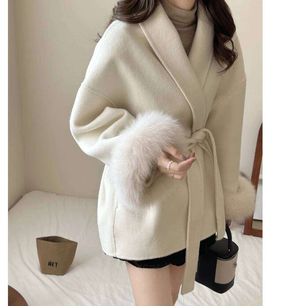 Dresses 2023 Autumn Wool Coats Fox Fur Drouble Face Wooen Regular Length Women Elegant Woolen Coat Veste Femme Tops New