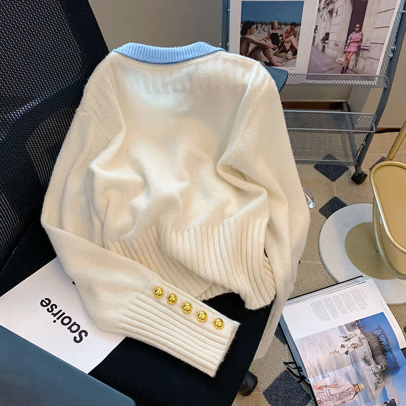 DHEssentials 2025 Autumn New Short Polo Collar Gentle Style Knitted Cardigan Sweater for Women