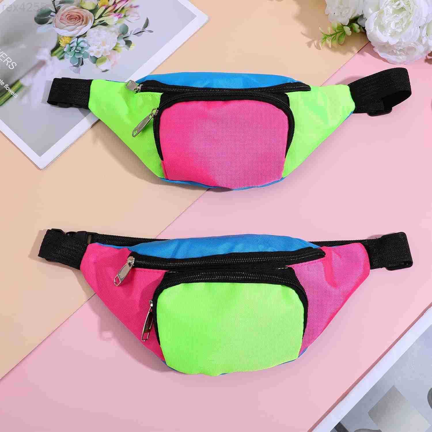 80s Neon Rave Fanny Pack with 2 Pockets Retro Belt Bag Waist Packs for Women Men Color blocked 80s Accessories Plus Size Belt Bag for Jogging Travelin