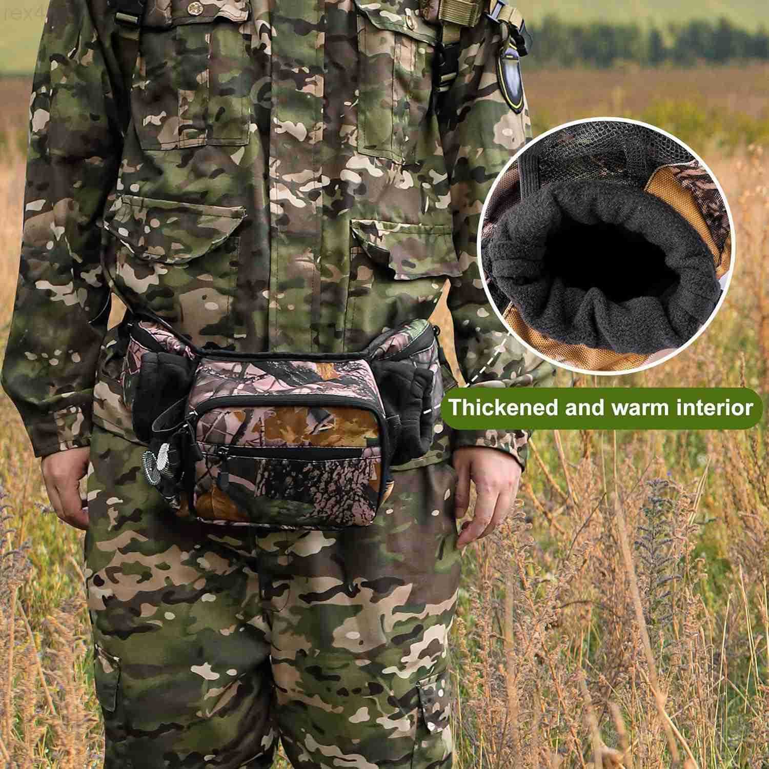 Hunting Camo Fanny Pack Waterproof Camouflage Waist Pack Bags with Handwarmer and Adjustable Belt Lightweight Hunting Waist Pouch Bag for Winter Outdo