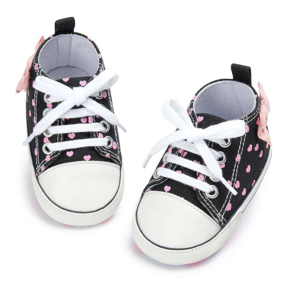Newborn Baby Girls Shoes Fashion Bowknot Heart Print Classic Canvas Casual High Tops Sneakers Soft Anti-slip Sole First Walkers