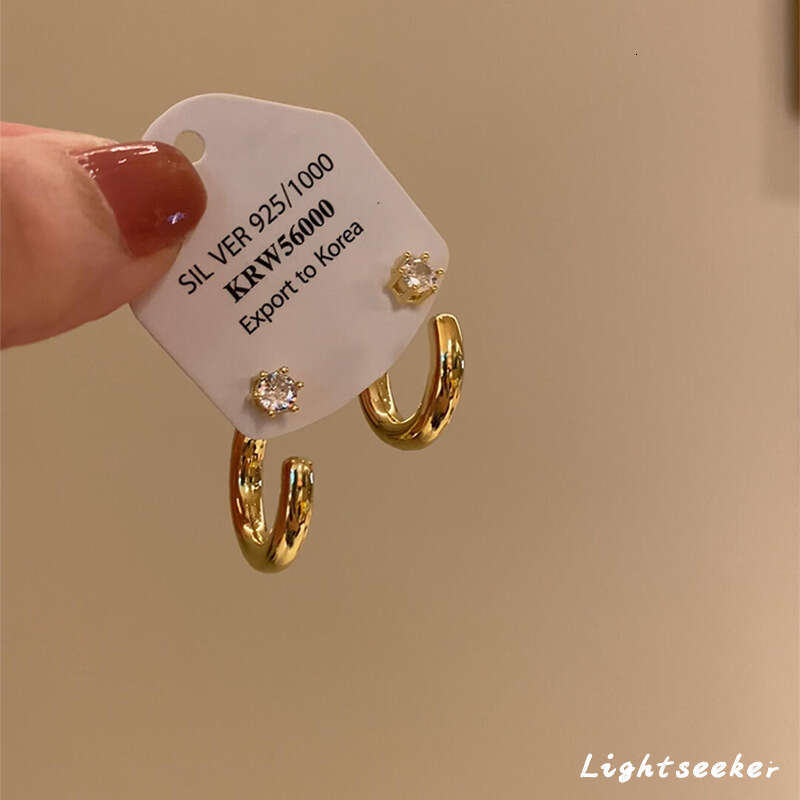 gold Simple Style C-shaped Micro-inlaid Zirconia Autumn Winter Exquisite High-end Glossy Geometric Earrings