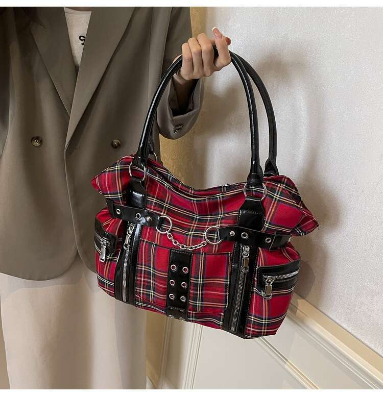 Fashion Trend Plaid Gothic Designer Bags Punk Large Capacity Tote 2025 Canvas Casual Commuter Versatile Shoulder Bag