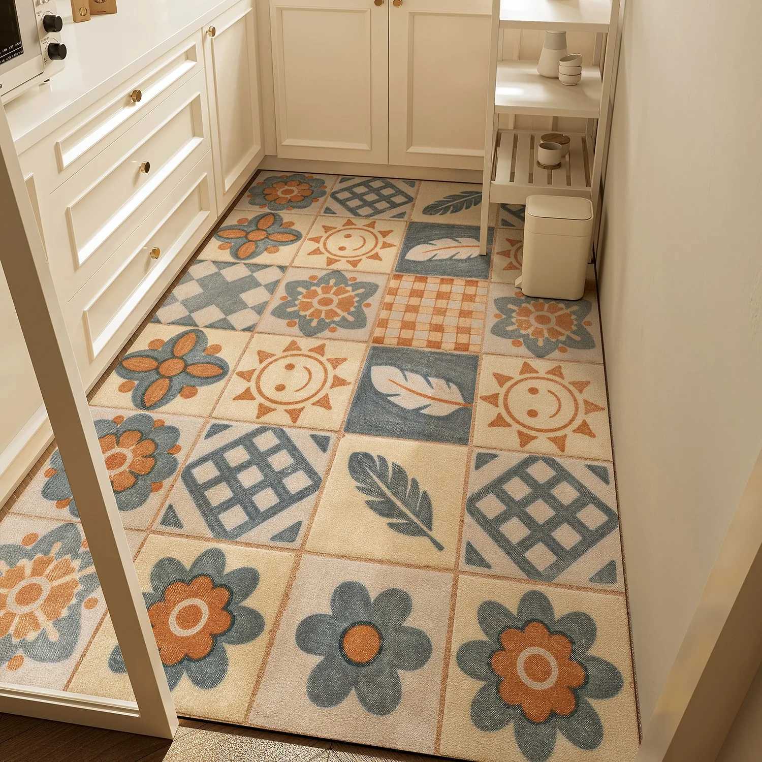 Kitchen Carpet Nonslip Waterproof Oilproof Floor Mat Retro Geometric Flower Pattern Rug Large Size Home Decoration Mats C250912