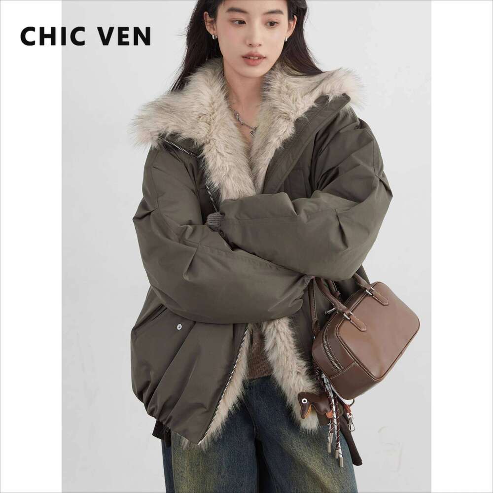 CHIC VEN Korean Women Coats Faux Fur Collar Loose Casual Hooded 90 White Duck Female Down Jacket Autumn Winter 2025