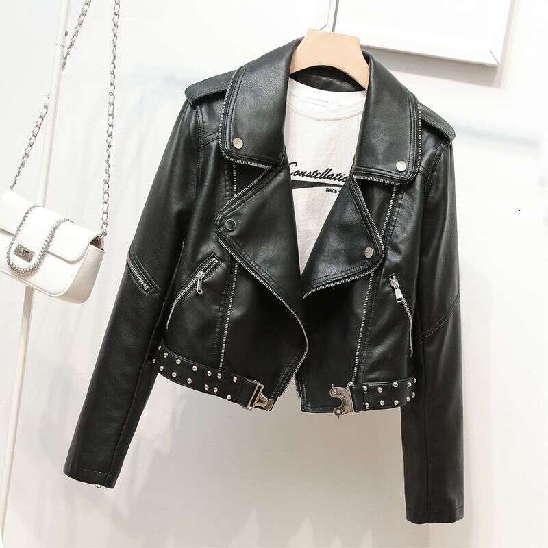 Women's Belt Rivet Heavy Industry Zipper Decorative Lapel Ladies PU Clothes Epaulets Leather Jacket