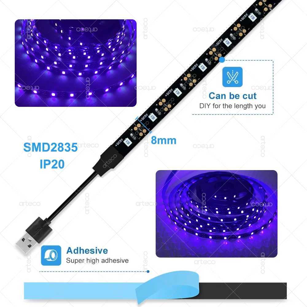 UV LED Light Strip Flexible LED Strip Light Ultraviolet 395405nm Black Light 2835 SMD UV Lamp DC 5V LED Ribbon For Glow Party C250912