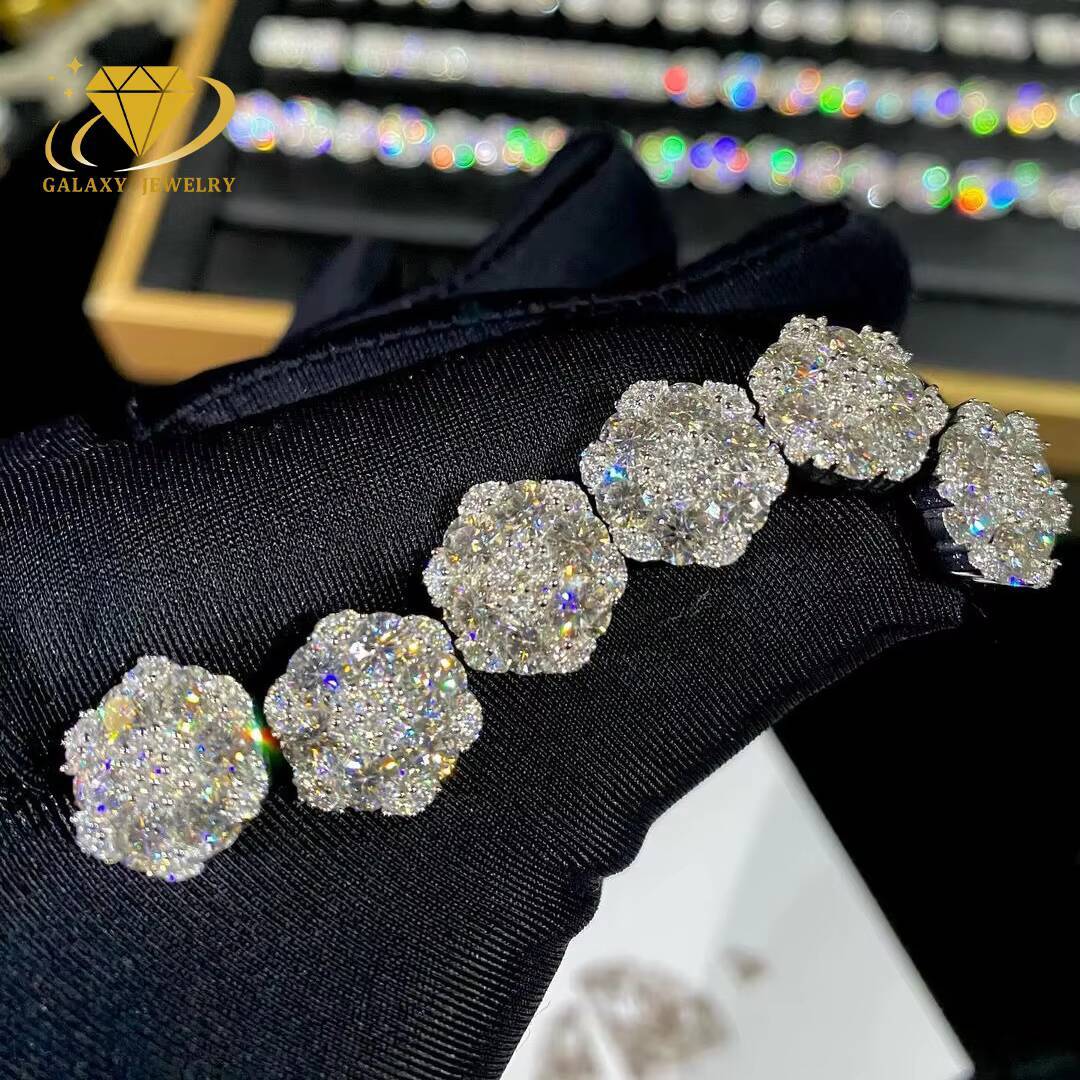 Hotsale Iced Out Hiphop Diamond Earring Silver 925 Vvs Moissanite Stud Earrings Iced Out Cluster Flower Stud Earrings