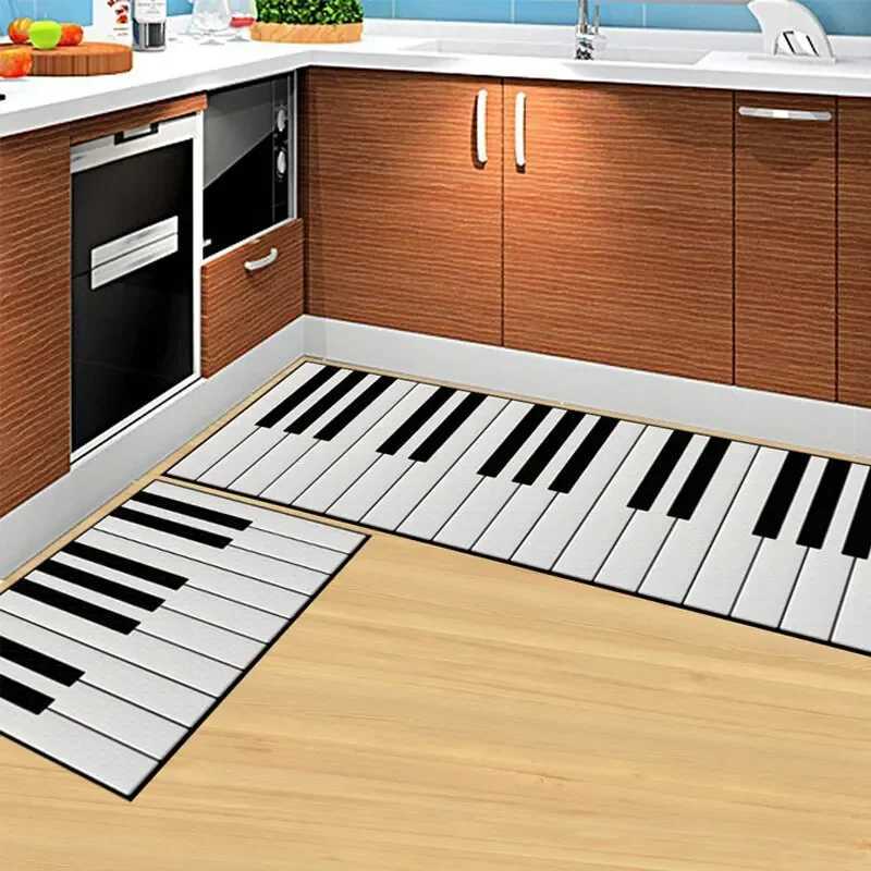 Kitchen Floor Mat Bathroom Door Mat Bedroom Bed Mat Carpet Machine Washable Piano Black and White Classic C250912