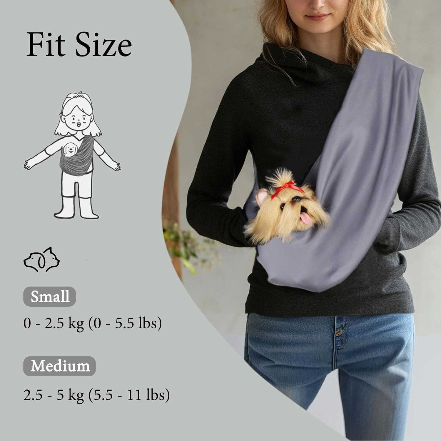 Dog Sling Carrier for Small Dogs Up to 11 lbs Dog Carrier Sling is Easy to Carry Hand Free Keep Warm GreyW250912