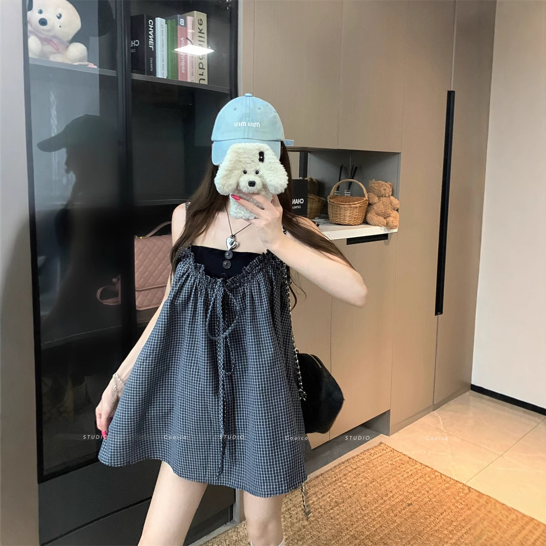 D15533 White Moonlight French Style Wood Ear Lace-up Plaid Suspender Dress for Women Summer