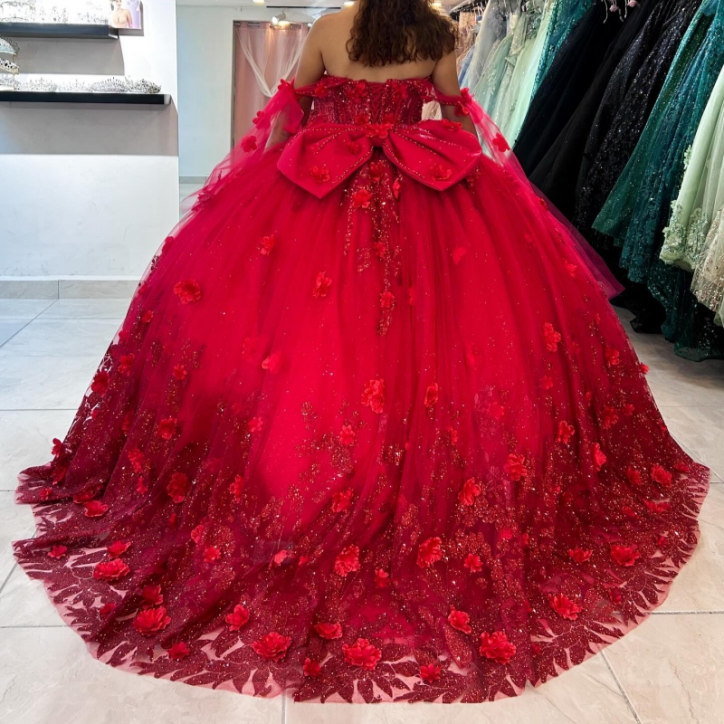 Red Shiny Ball Gown Quinceanera Dresses Off The Shoulder Sequin Applique Flower Beads Bow Tull Party Birthday Sweet 16 Dress Vestidos 15 De Anos