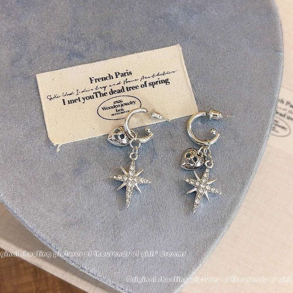 Light High-End Eight-Pointed Star Inlaid Dia Heart Summer Unique Niche Earrings