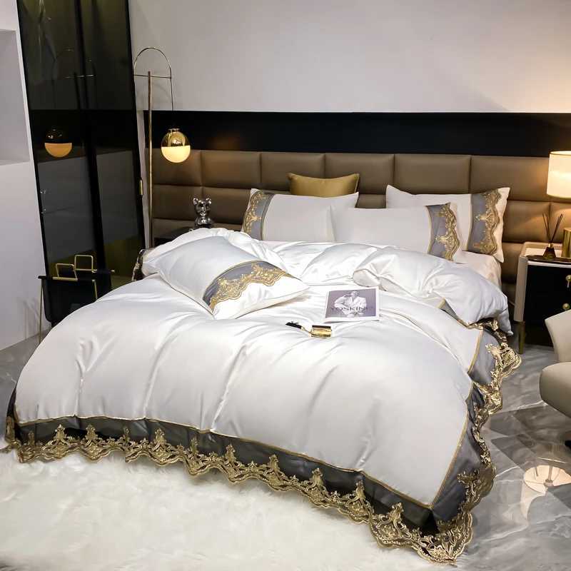 Luxury Bedding Set 3Pcs Duvet Cover Set King Size Bed Skirt Lace Double Side Washed Silk Design Reactive Printing Sleep Coolly C250912