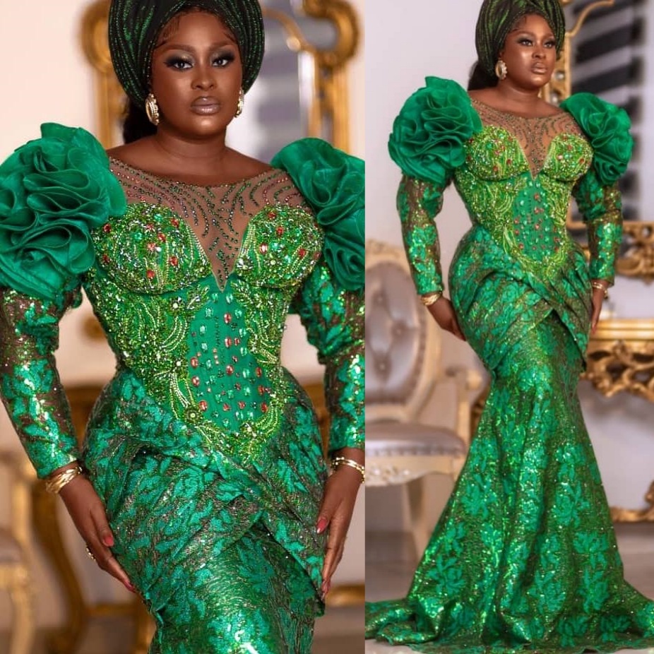 Aso Ebi Green Mermaid Prom Dresses 2025 Crystals Flowers Sheer Neck Evening Formal Party Second Birthday Engagement Gowns Plus Size Dress For Special 