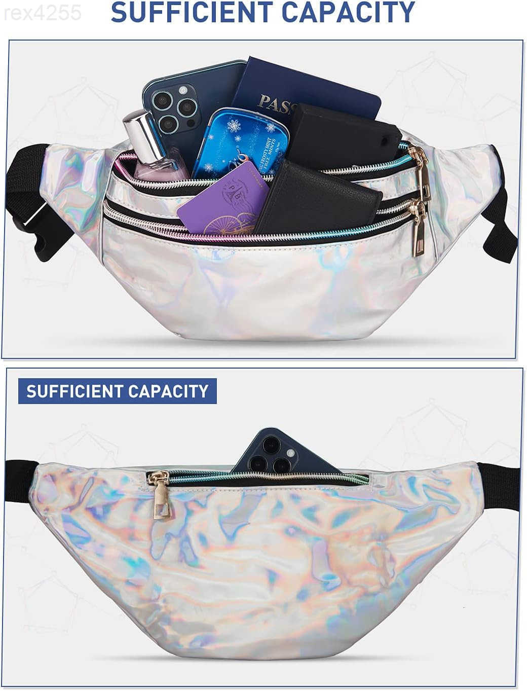 Holographic Fanny Packs for Women Cute Waist Packs Shiny Waist Bum Bag Waterproof for Travel Party Festival Running Hiking All SilverW250912