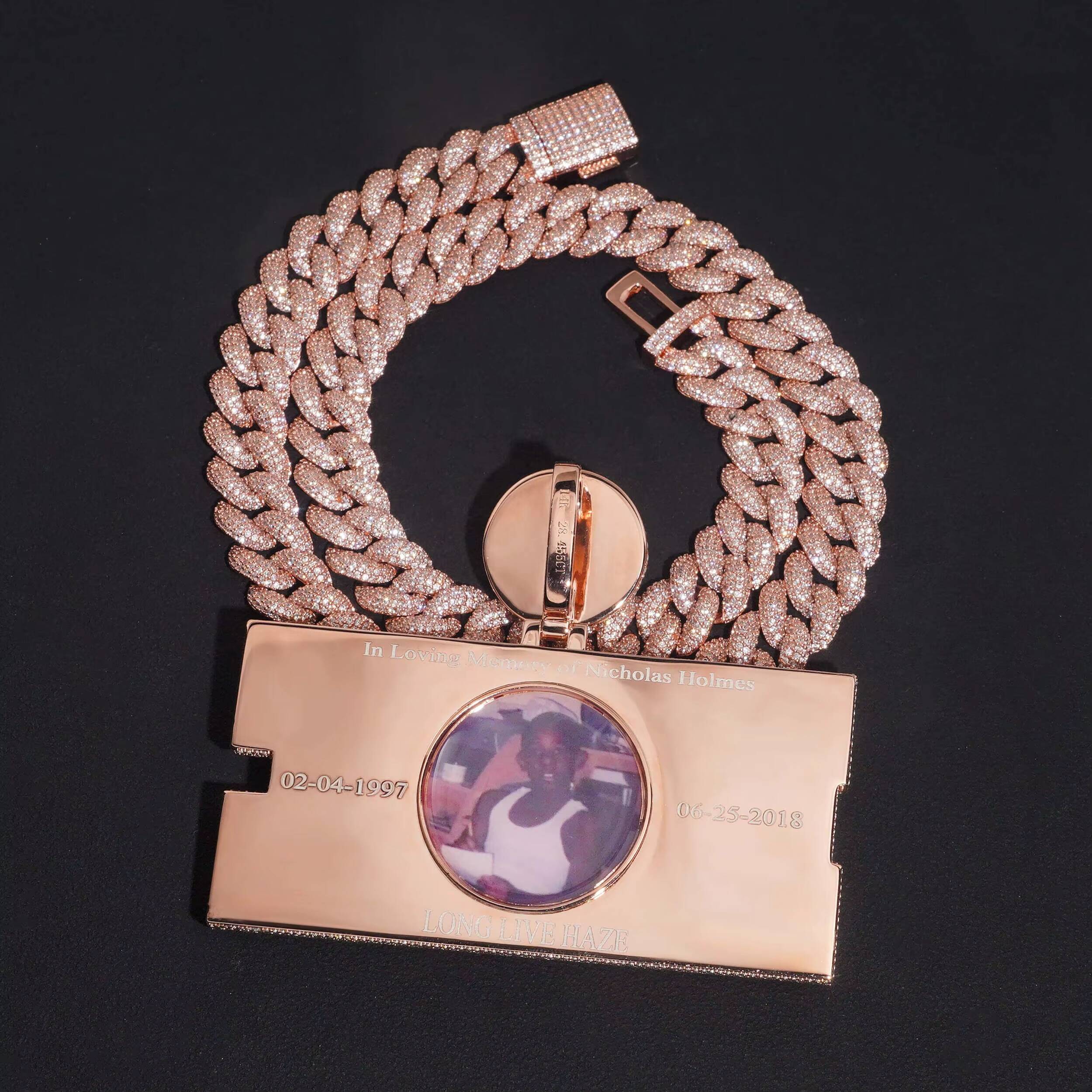 Rose Gold VVS Moissanite Diamond Baguette Name Pendant With Memory Photo on Back